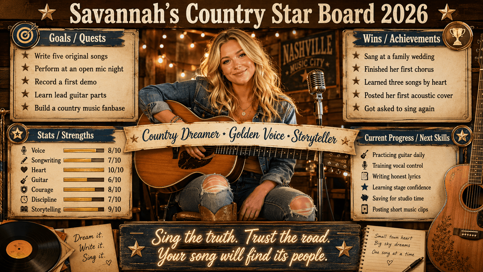Savannah country musician confidence board sample